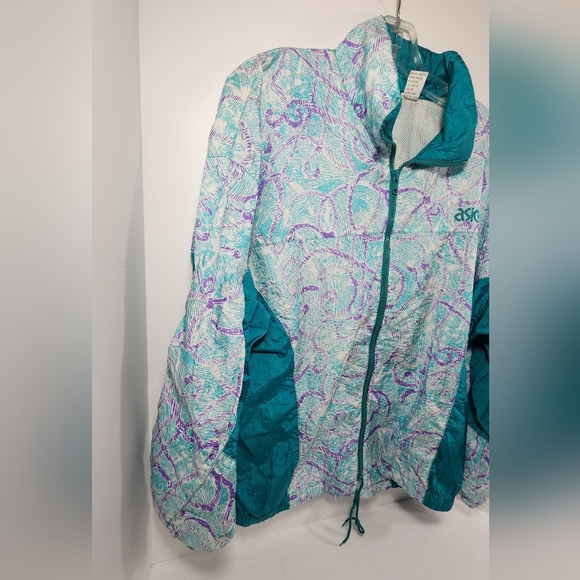 VINTAGE ASICS Womens Lightweight Windbreaker Running Full-Zip Large Green Tribal - Picture 3 of 11